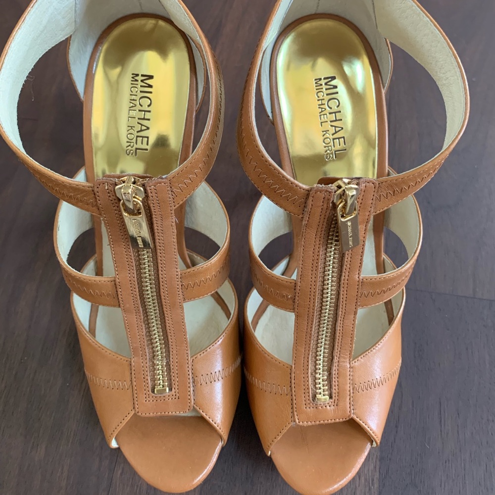 MICHAEL Michael Kors Berkeley Tan Leather Strappy Zip Front Heels